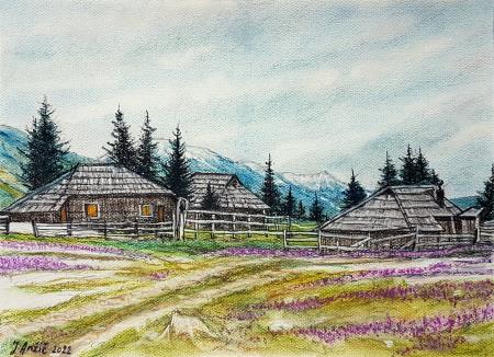 Stolniški stani na Veliki planini (Pastel - 2022) Jožef Anžič